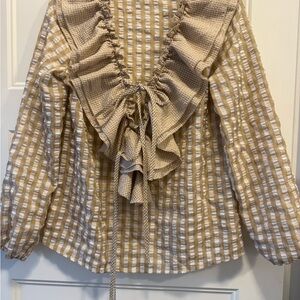 SHEIN Beige Plaid Ruffle Blouse